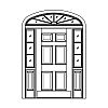 6-Panel door with 3-Lite over single panel sidelites and 
