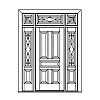 5-Panel door with 1-Lite over 1-panel sidelites and 3-Lite 3-part transom
Panel- Raised
Glazing- Leaded, decorative
