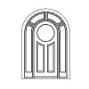 single lite over 2-Panel door with 1-Lite sidelites and 1Lite transom, half round, arched top
Panel- Raised
Glazing- Leaded, decorative